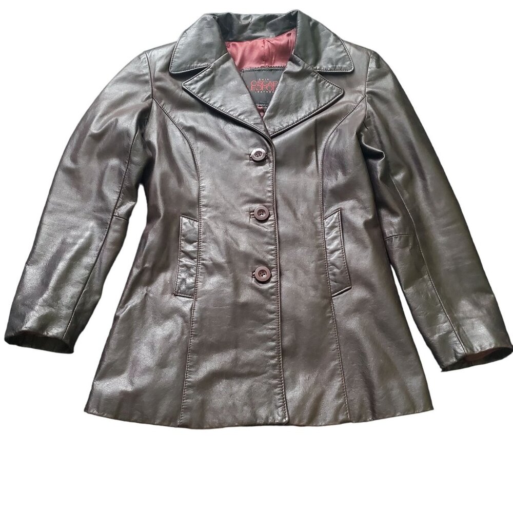 Oscar‎ Leopold Cuir Leather womens jacket brown sz XS/TP 3 buttons pockets fair